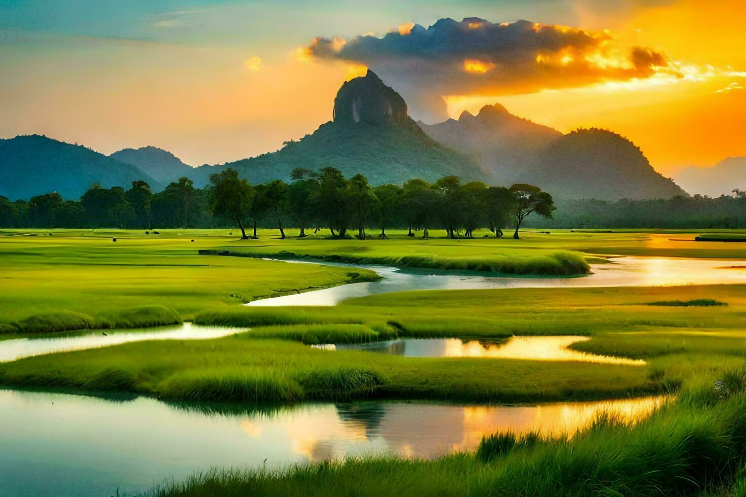 le le coucher du soleil plus de le rivière et montagnes. généré par ai photo