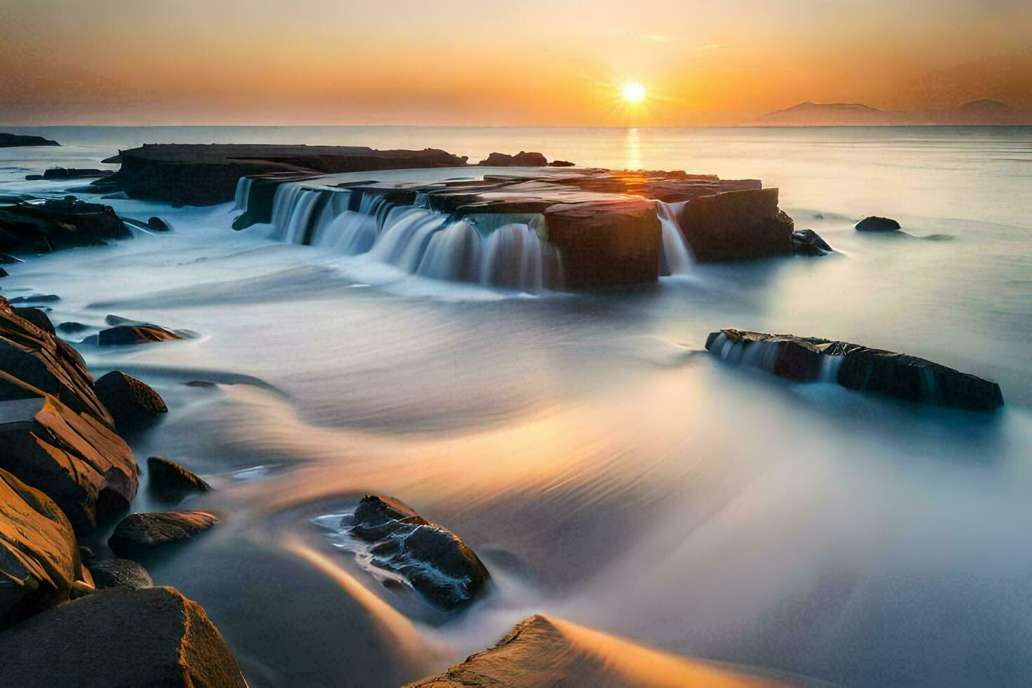 le Soleil ensembles plus de une rocheux plage avec cascades. généré par ai photo