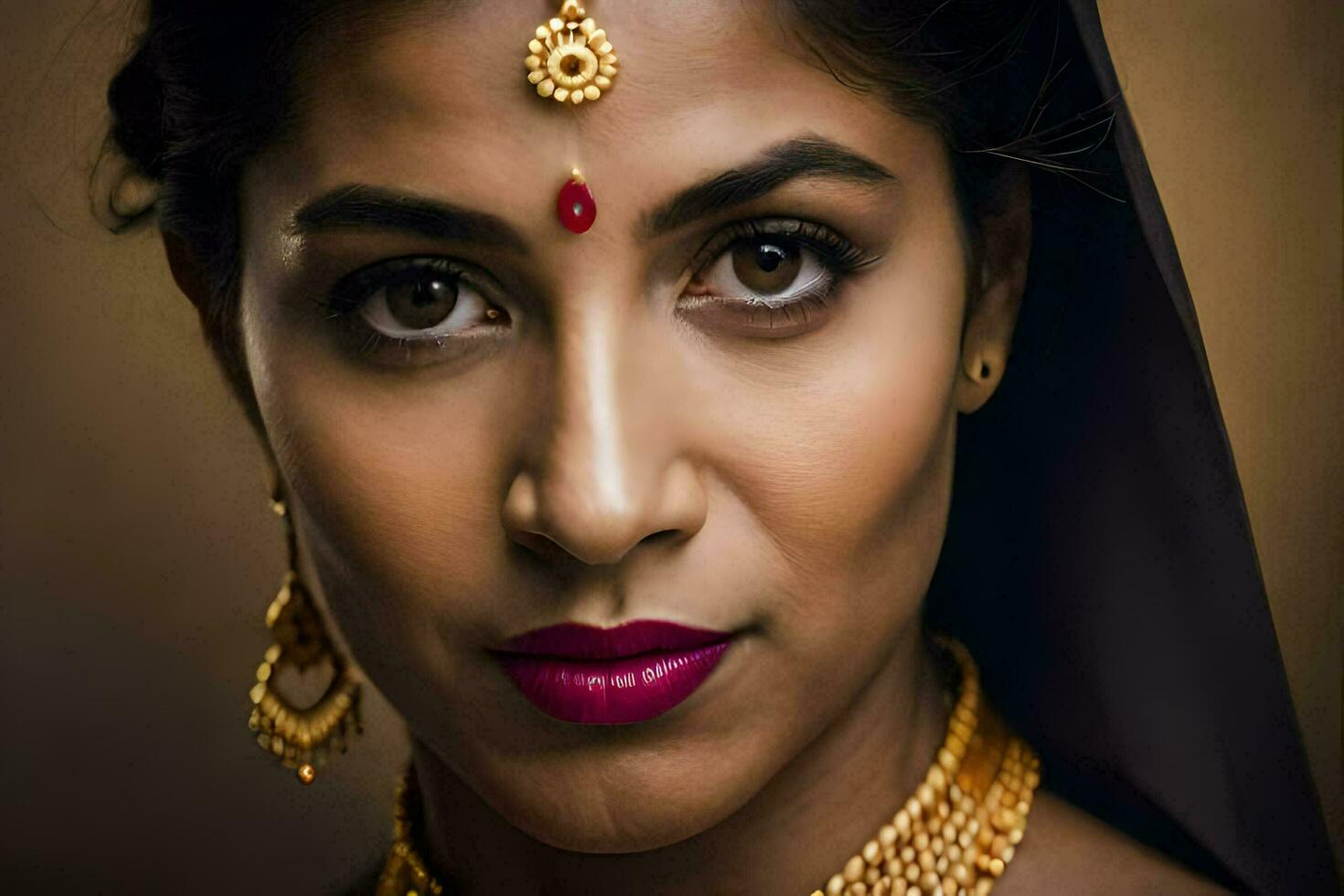 une magnifique Indien femme portant or bijoux et une rouge rouge à lèvres. généré par ai photo