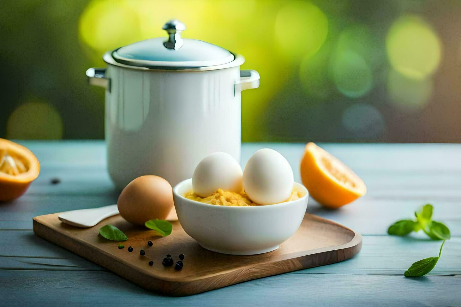 des œufs dans une bol avec Orange tranches et épices. généré par ai photo