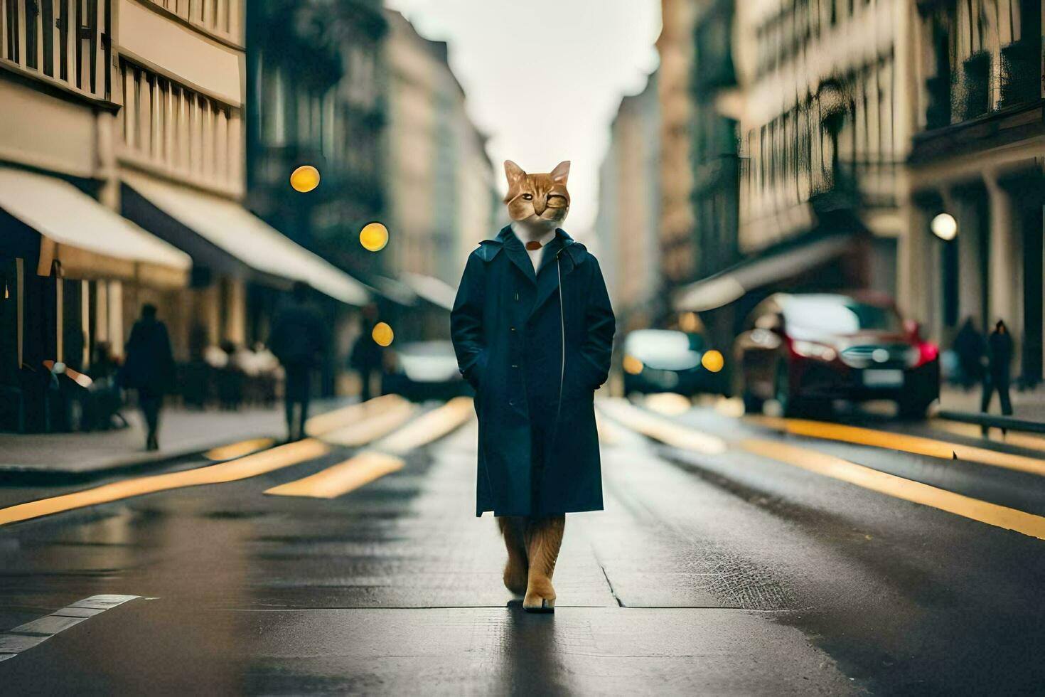 une chat portant une manteau et en marchant vers le bas une rue. généré par ai photo