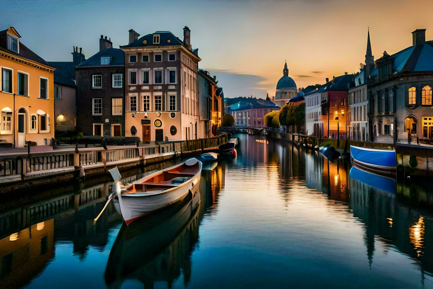 bateaux sont amarré dans une canal à le coucher du soleil. généré par ai photo