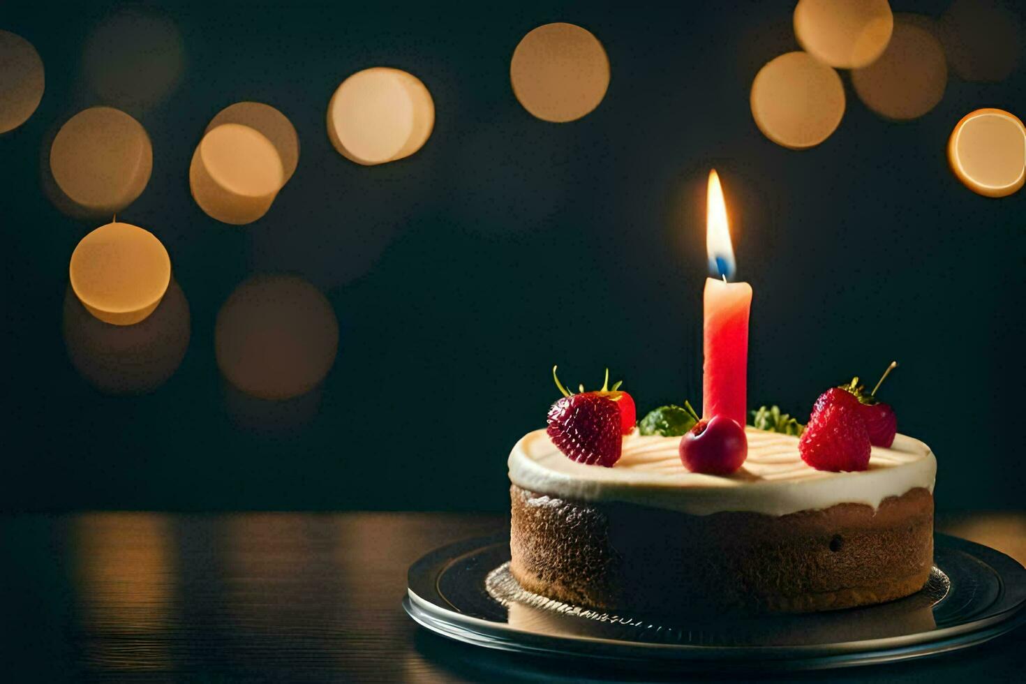 une anniversaire gâteau avec une Célibataire bougie sur Haut. généré par ai photo