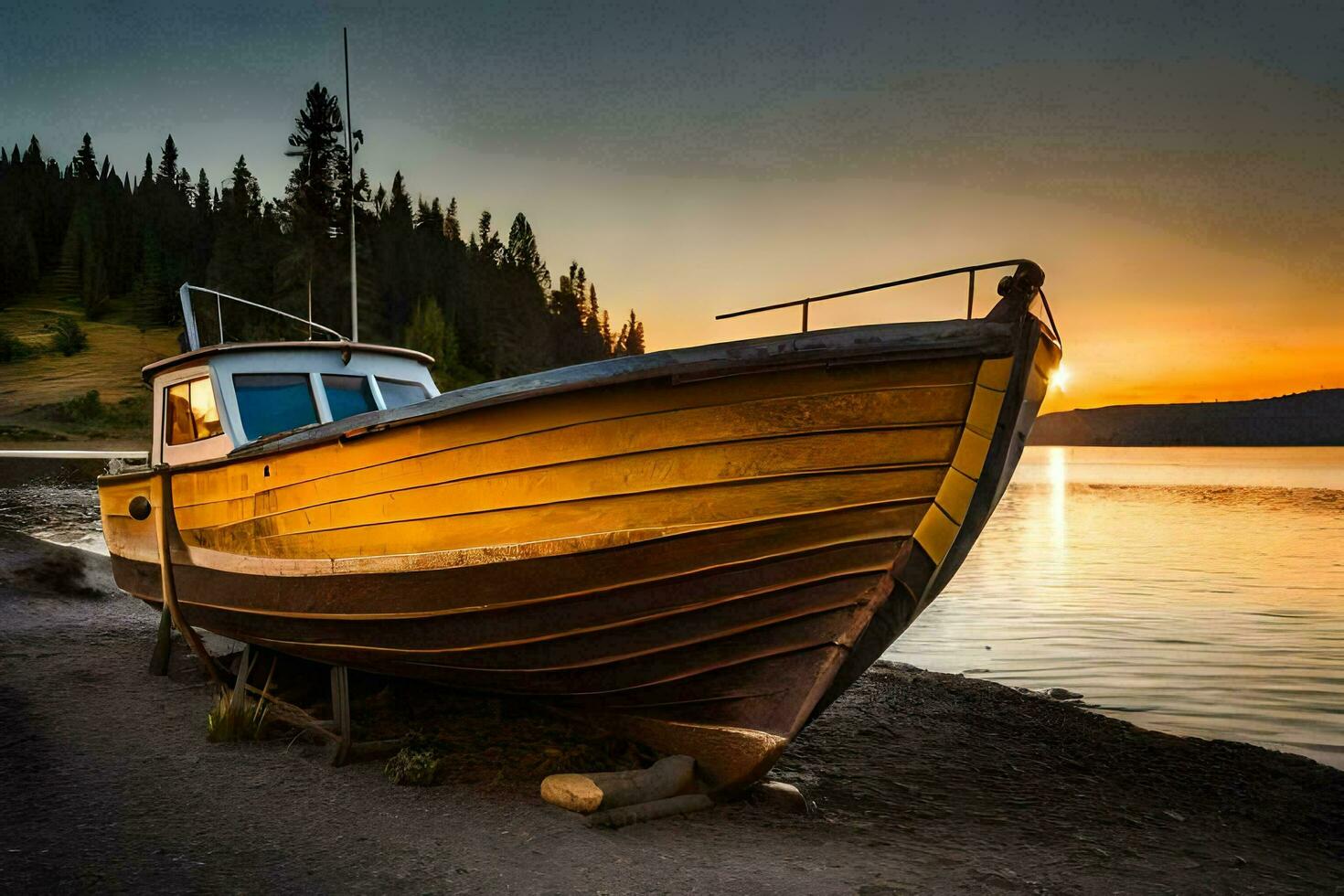 une bateau est assis sur le rive à le coucher du soleil. généré par ai photo