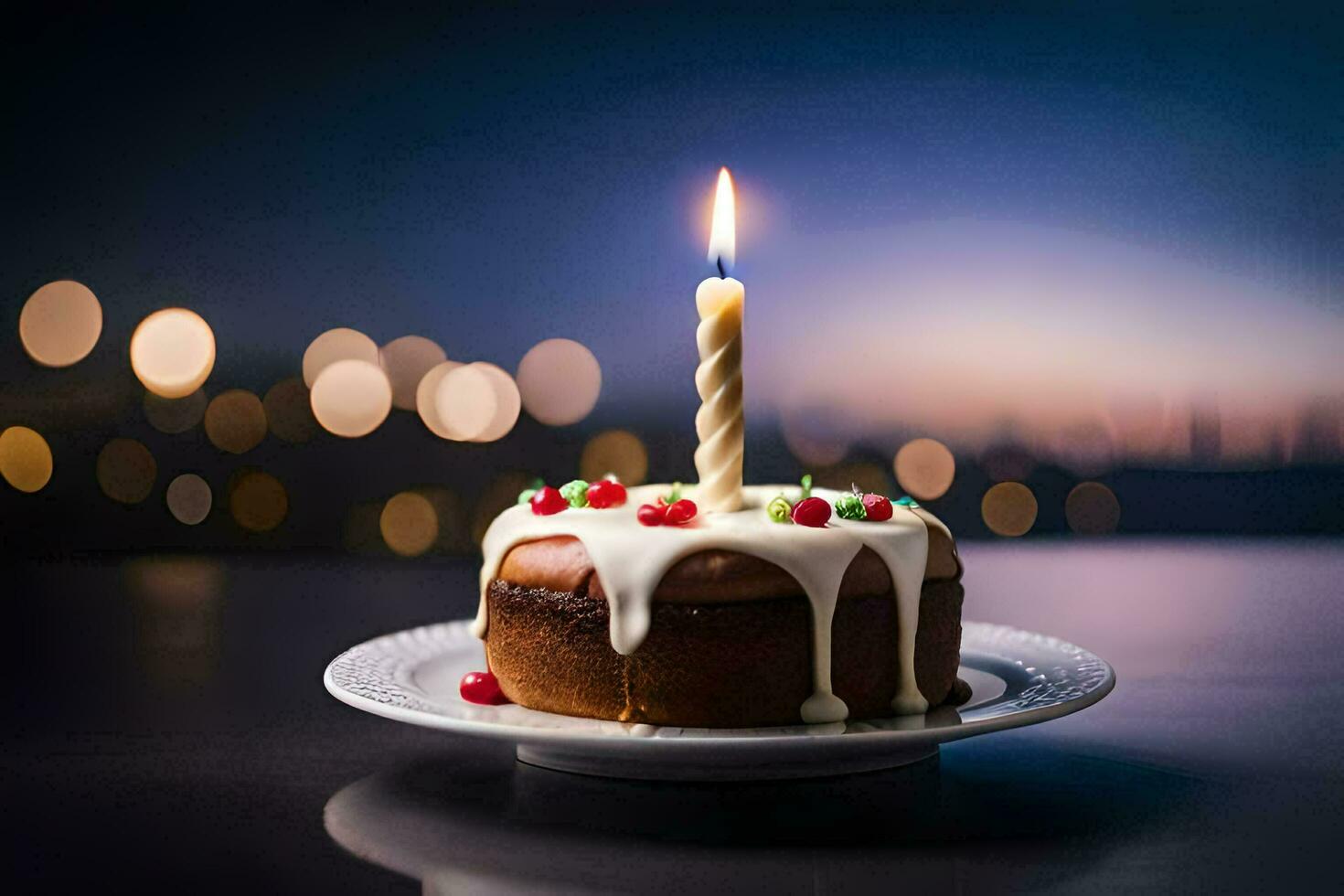 une anniversaire gâteau avec une allumé bougie sur une plaque. généré par ai photo