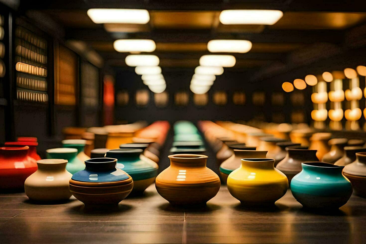 une rangée de coloré des vases dans une chambre. généré par ai photo