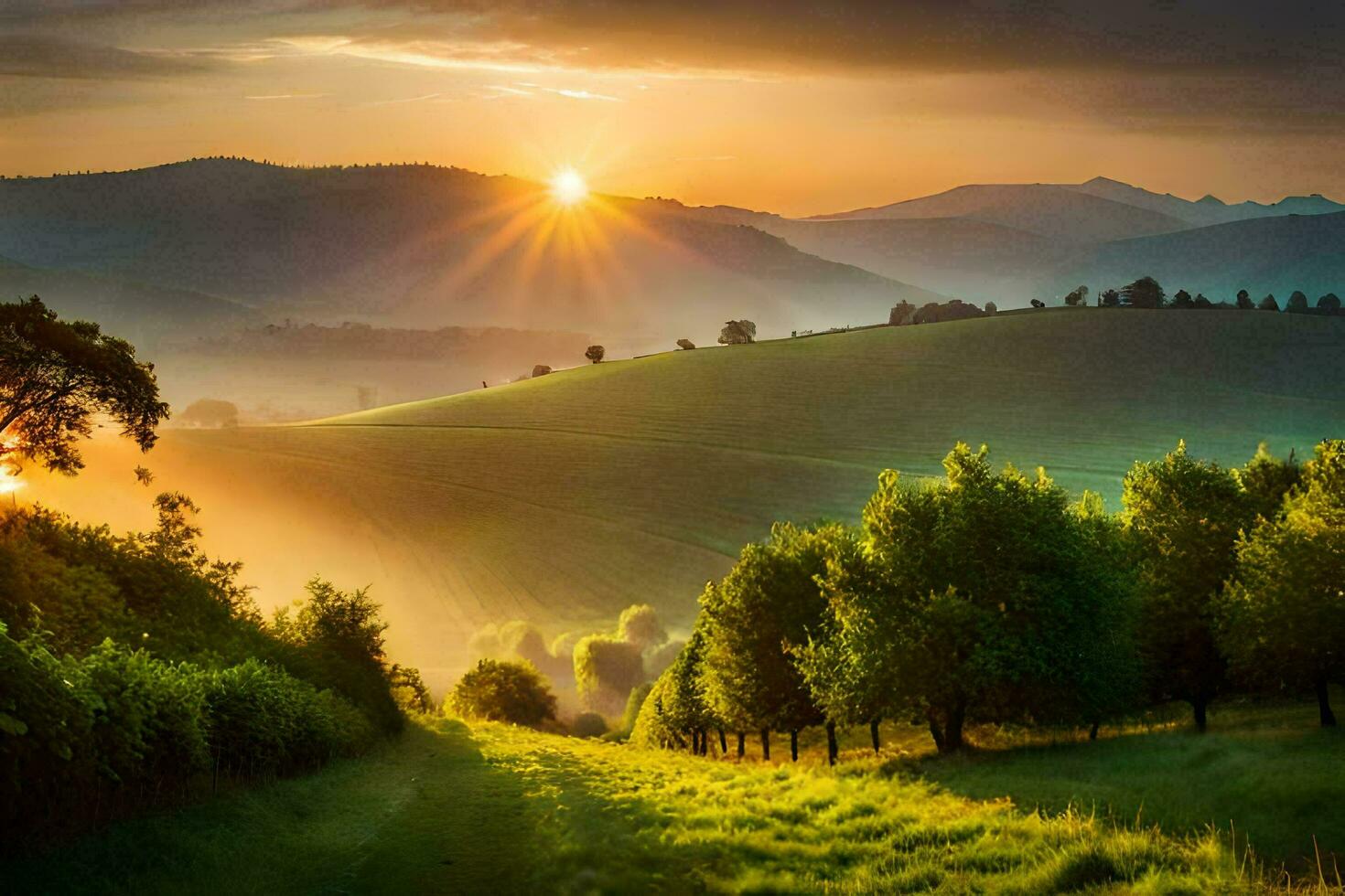 le Soleil monte plus de une vert champ et des arbres. généré par ai photo