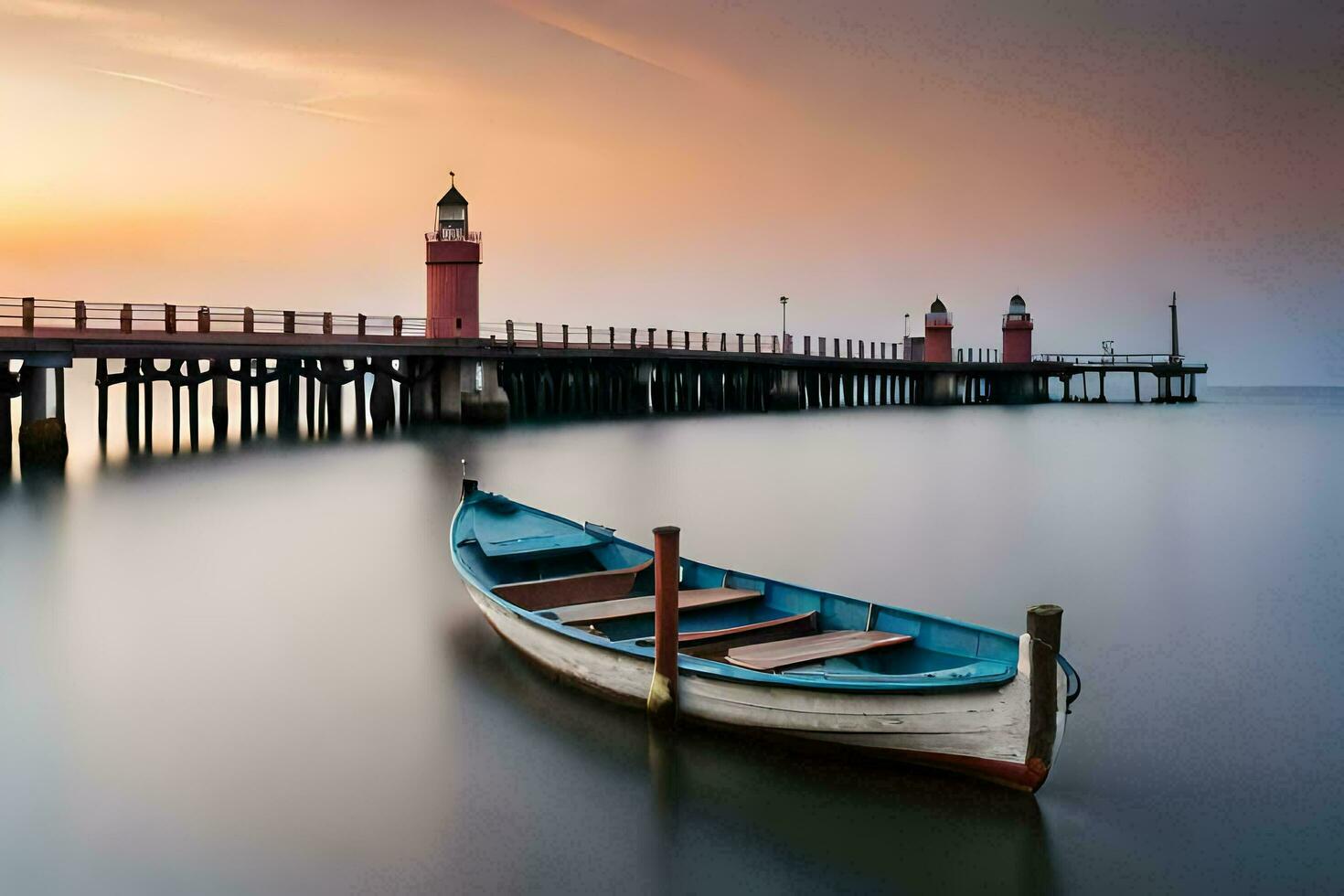 une bateau est assis sur le l'eau près une jetée. généré par ai photo