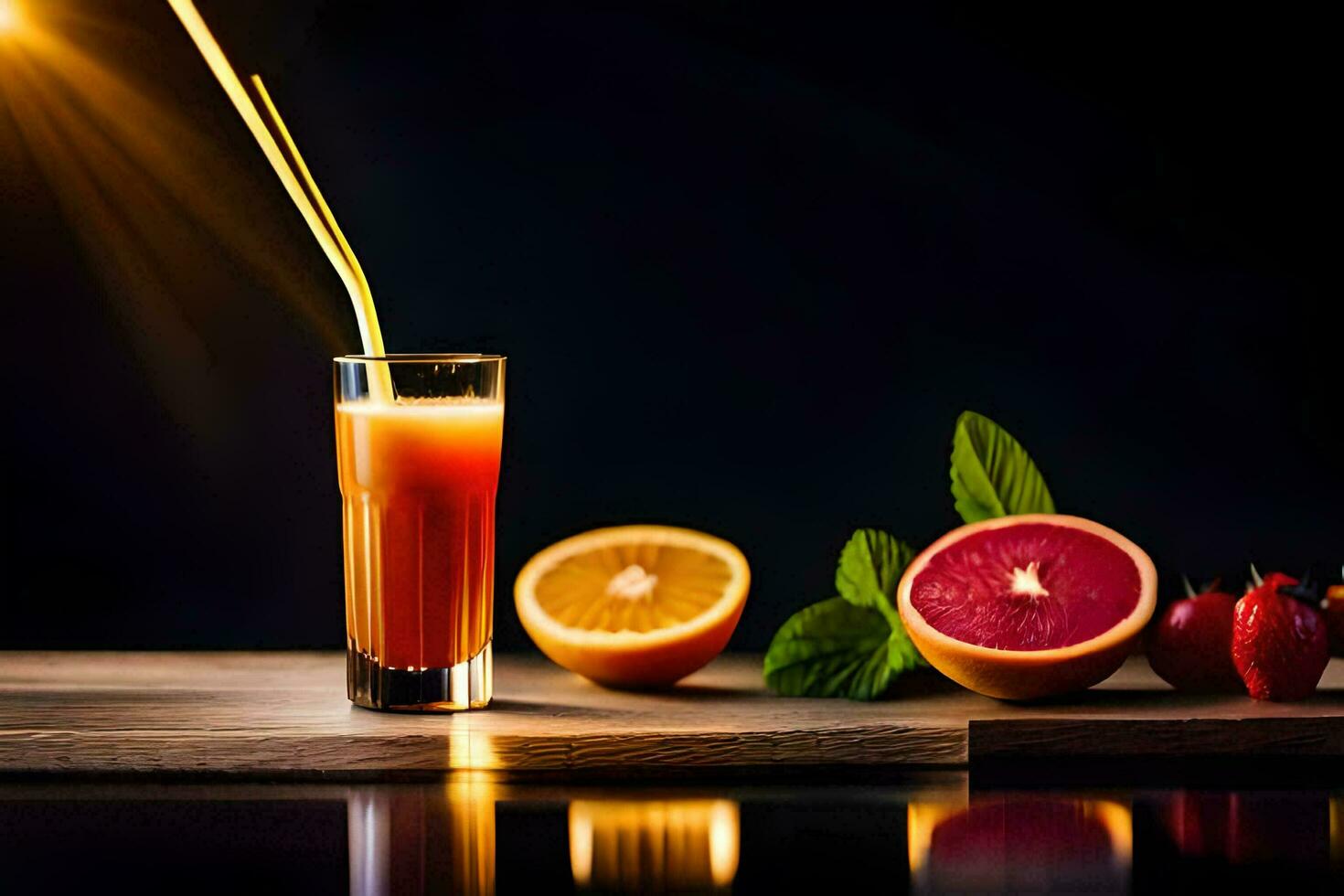 Orange jus avec une paille sur une en bois tableau. généré par ai photo