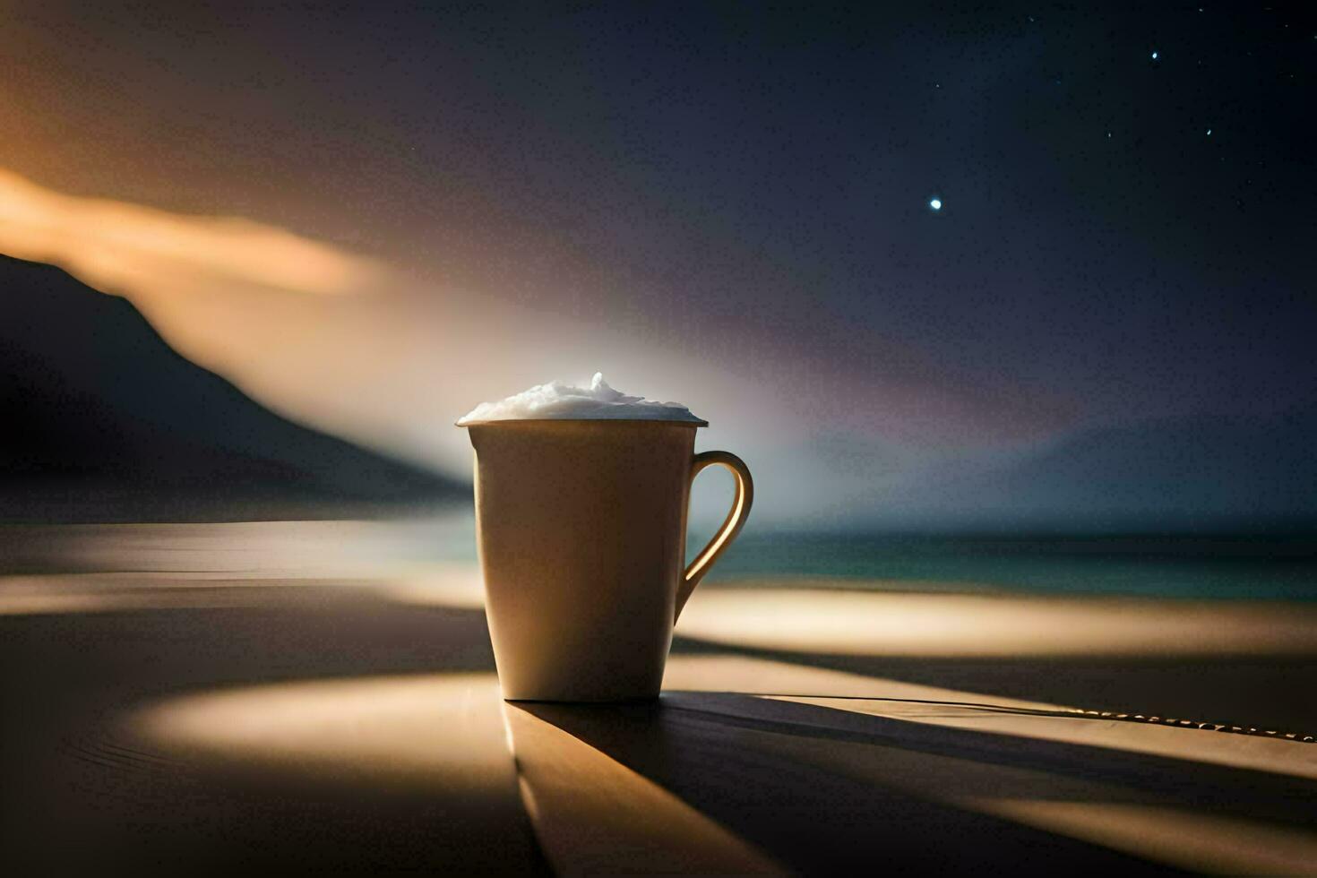 café tasse sur le plage, nuit, montagnes, étoile, lune, café, le plage. généré par ai photo