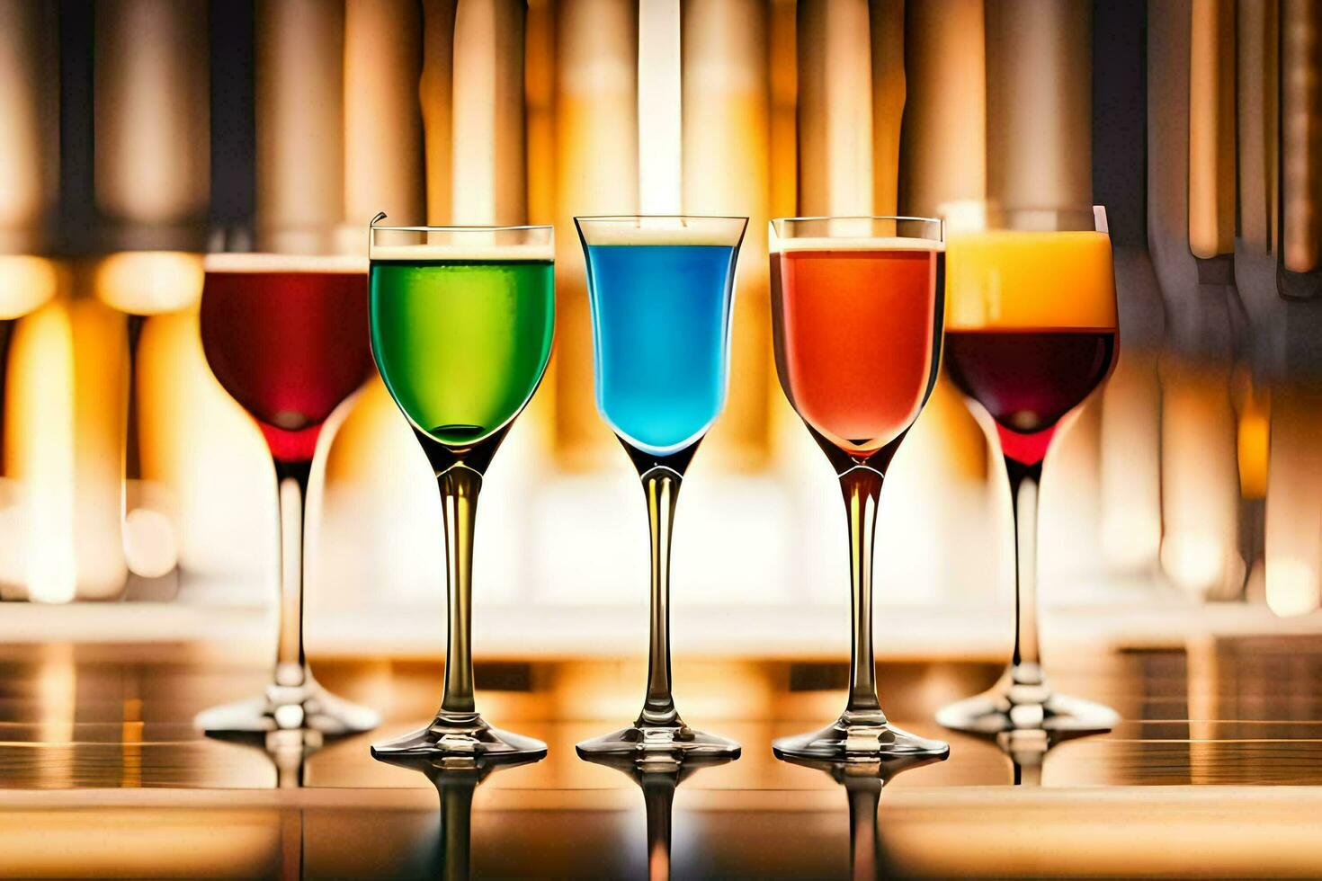 cinq différent coloré les boissons dans des lunettes sur une tableau. généré par ai photo