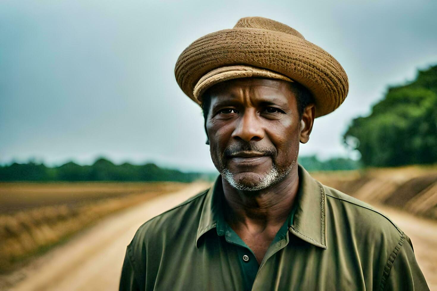 une homme portant une chapeau des stands sur une saleté route. généré par ai photo