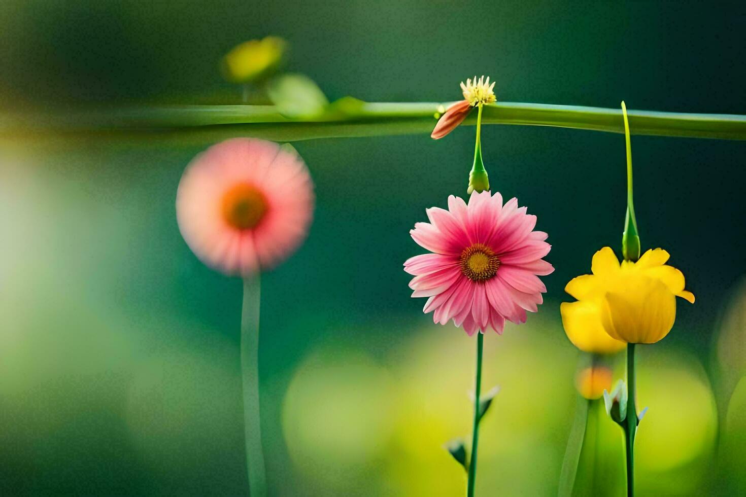 Trois rose fleurs sont sur une vert tige. généré par ai photo