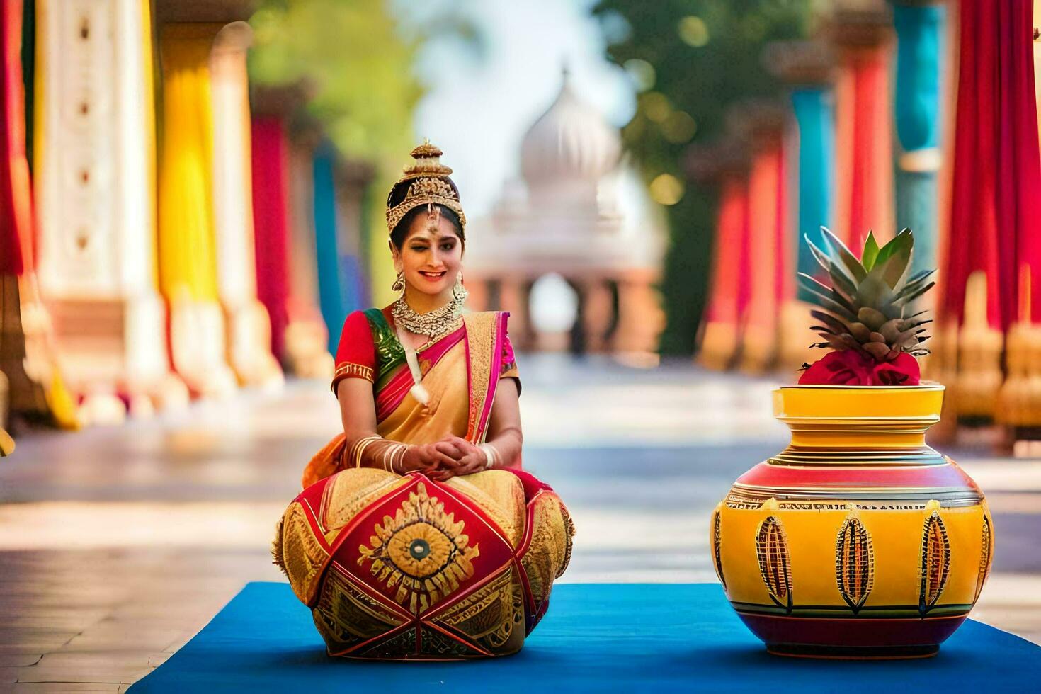 une femme dans traditionnel Indien tenue est assis sur une banc. généré par ai photo