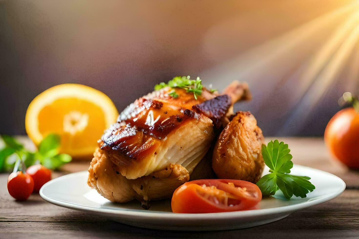 une assiette avec poulet et des légumes sur une en bois tableau. généré par ai photo