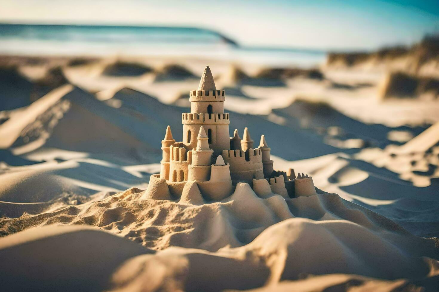 le sable Château sur le plage. généré par ai photo