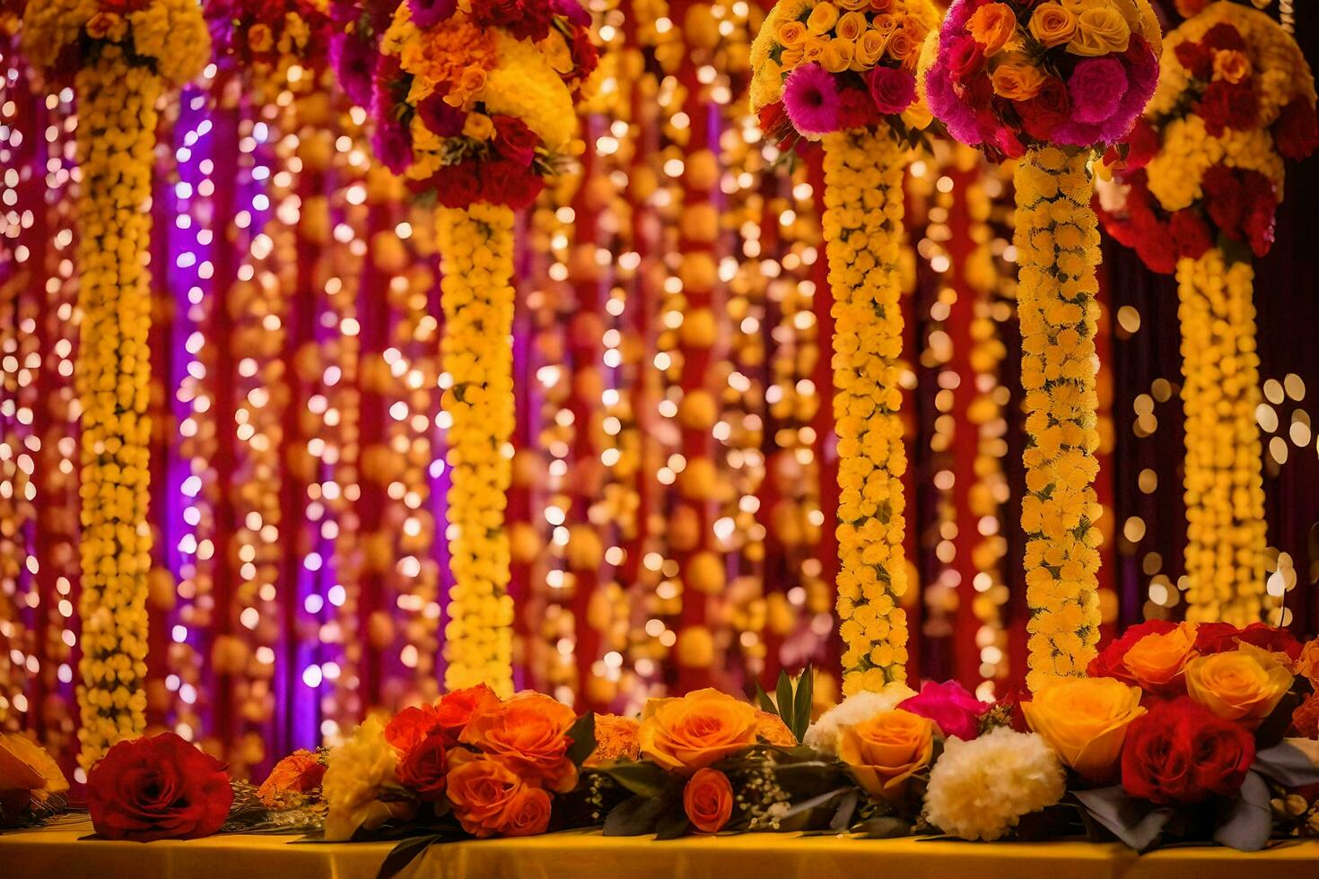 une mariage accueil avec coloré fleurs et guirlandes. généré par ai photo