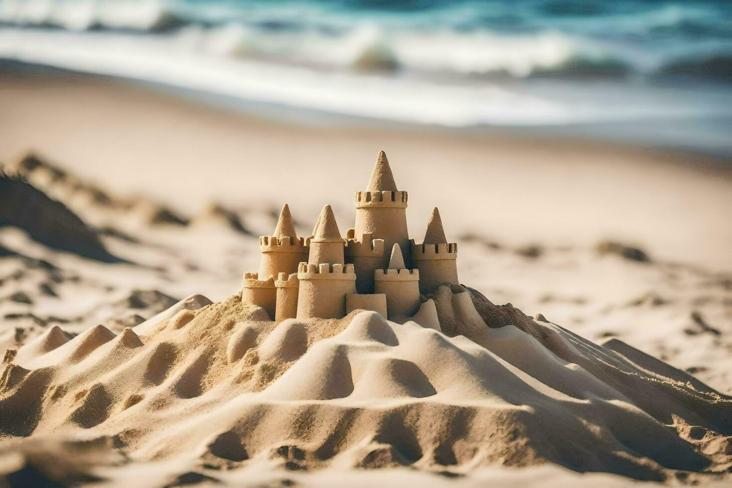 une le sable Château sur le plage. généré par ai photo