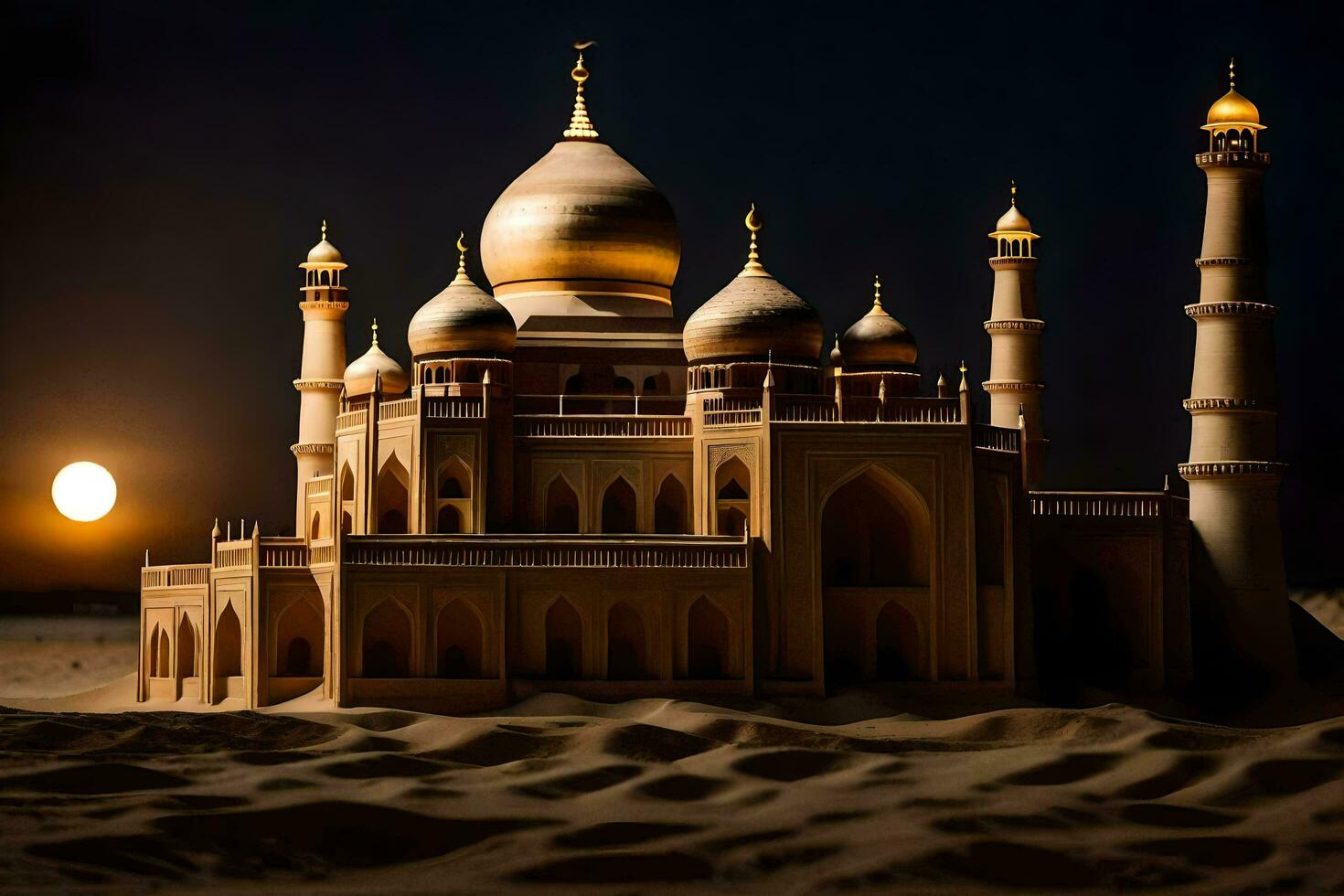 le lune est brillant plus de une le sable dune avec une mosquée dans le Contexte. généré par ai photo