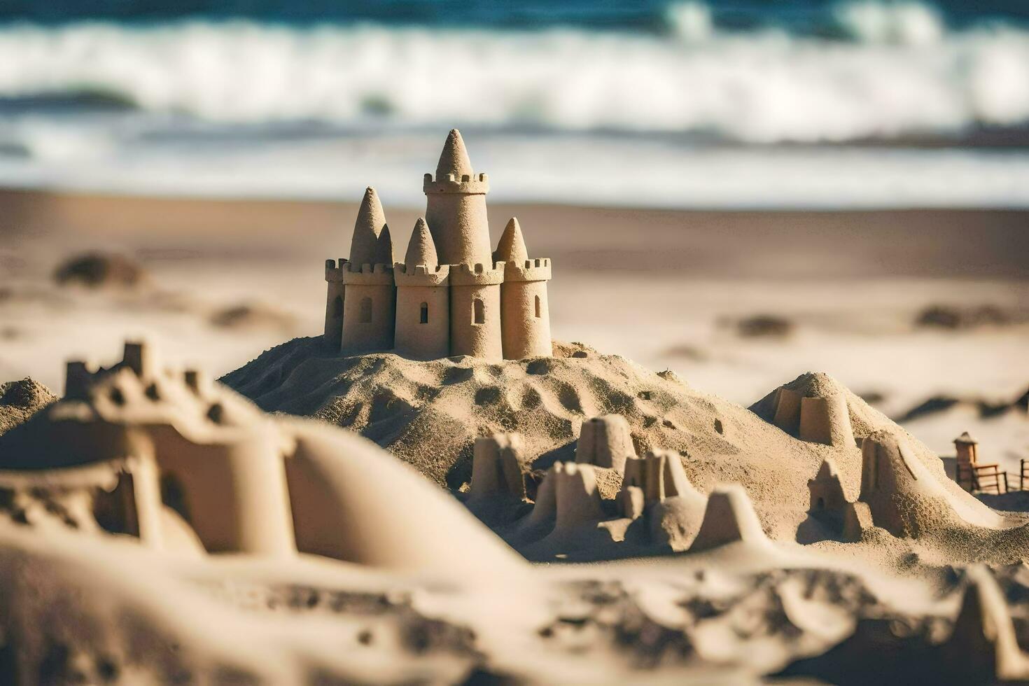 une le sable Château sur le plage avec vagues dans le Contexte. généré par ai photo