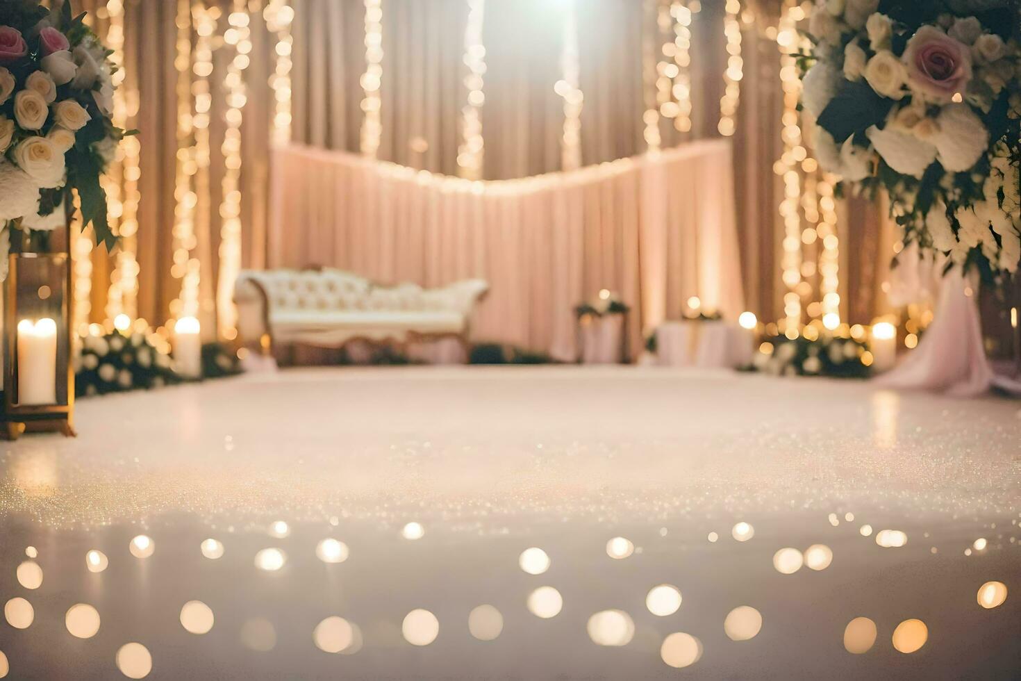 une mariage Danse sol avec blanc lumières et bougies. généré par ai photo