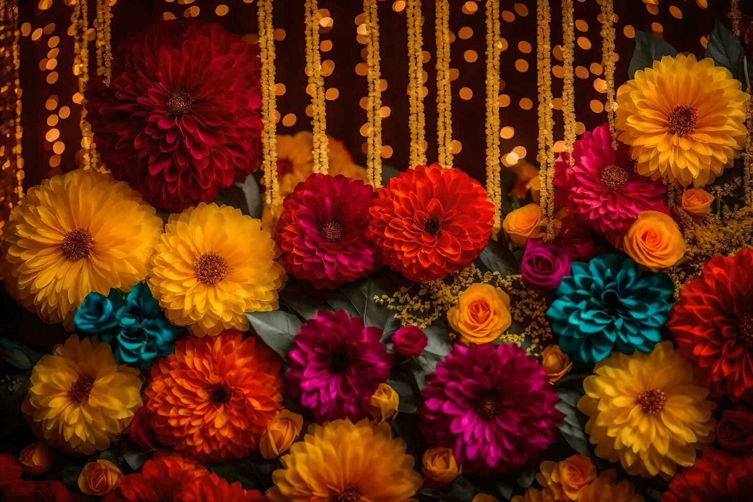 coloré fleurs arrangé sur une mur avec guirlandes. généré par ai photo