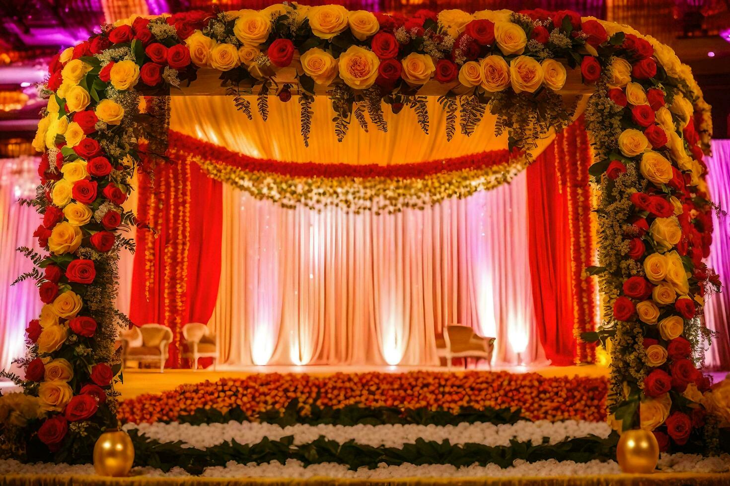 un Indien mariage étape décoré avec fleurs et or. généré par ai photo