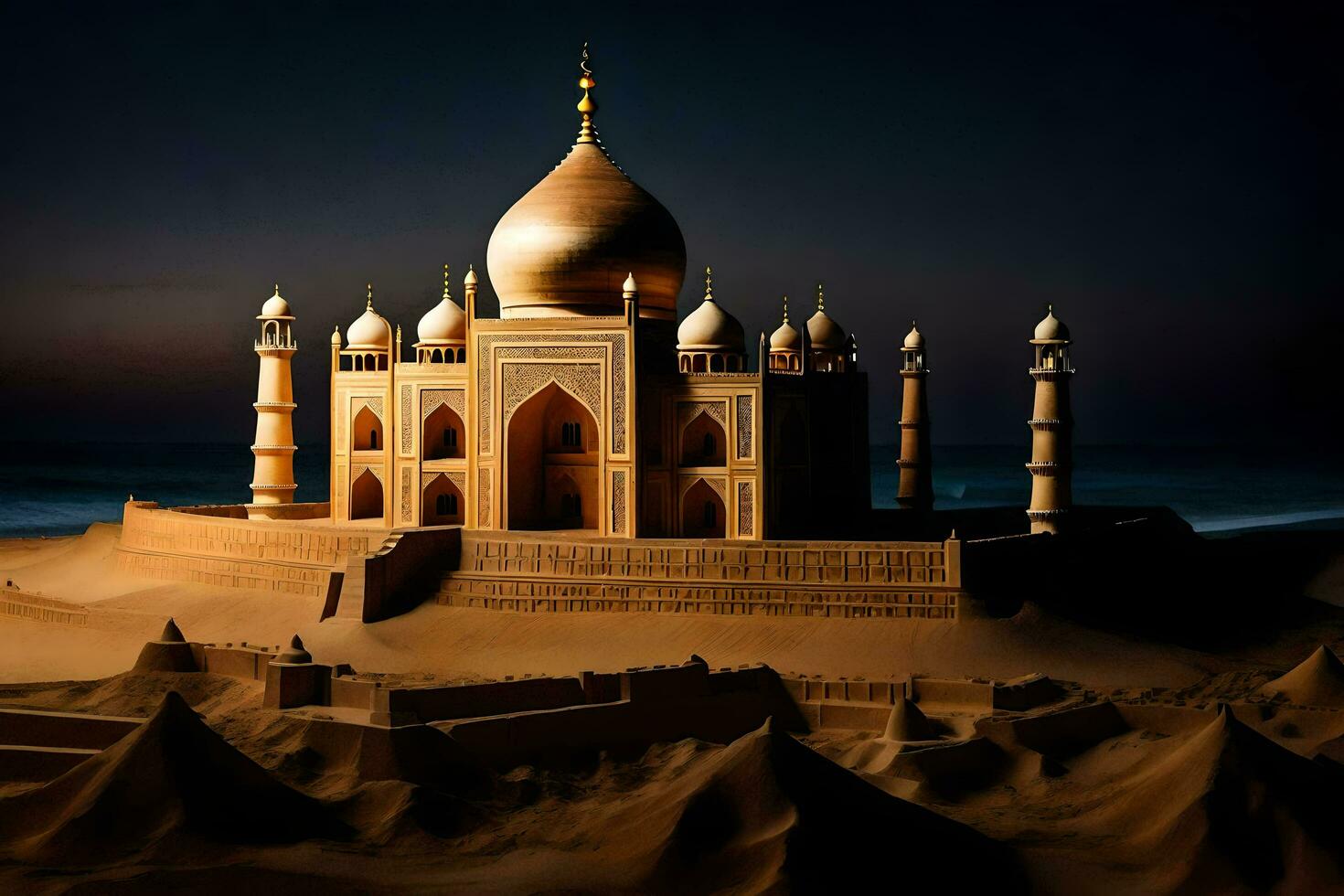 une taj mahal dans le sable. généré par ai photo