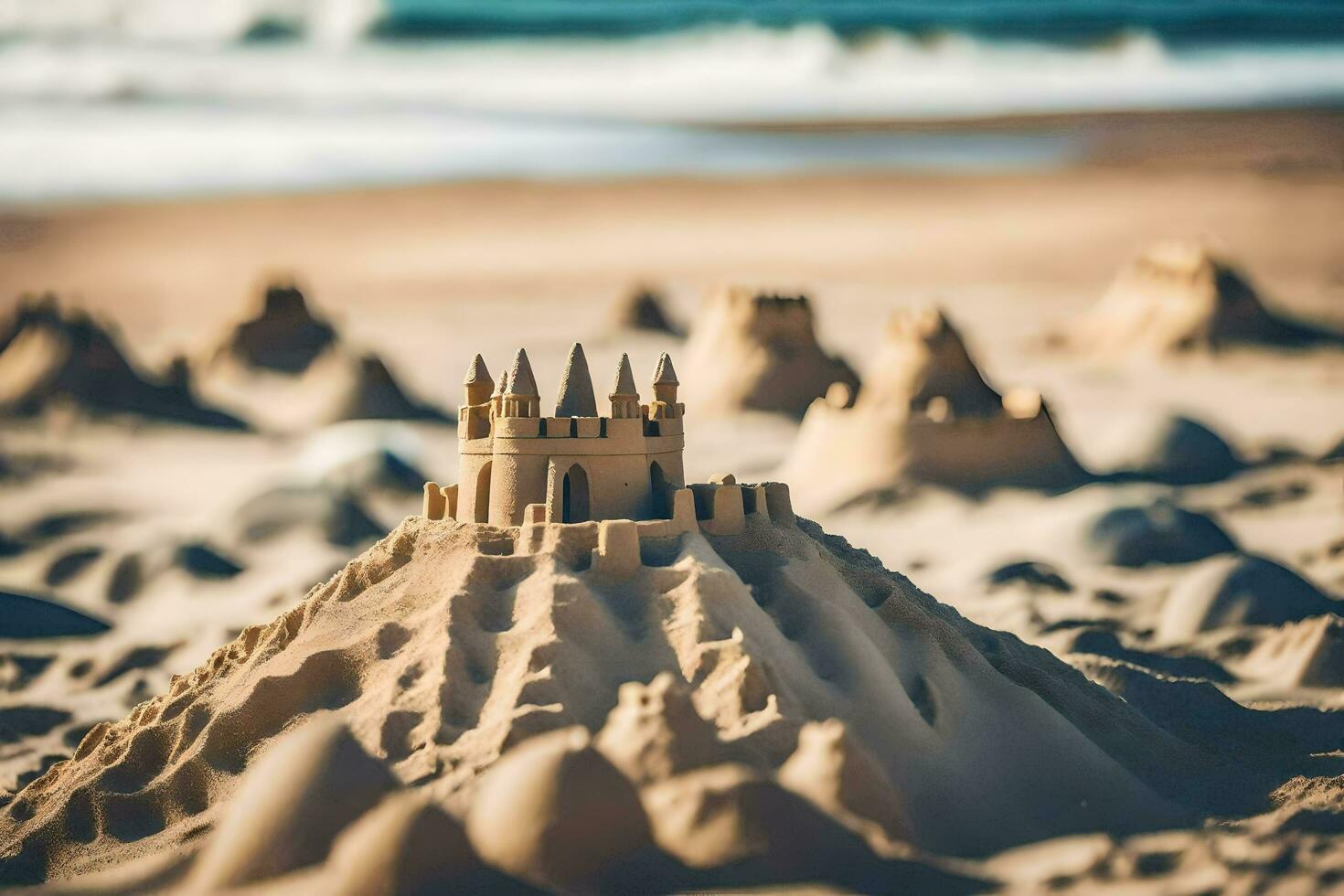 le sable châteaux sur le plage. généré par ai photo