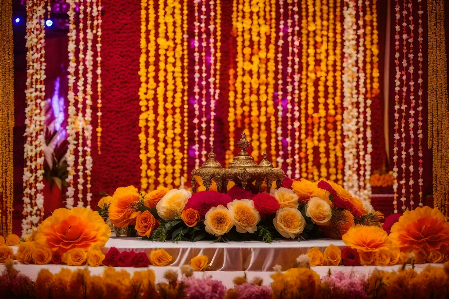 une mariage étape décoré avec fleurs et guirlandes. généré par ai photo