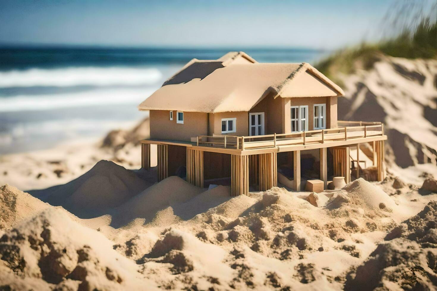 une modèle maison est assis sur Haut de le sable. généré par ai photo