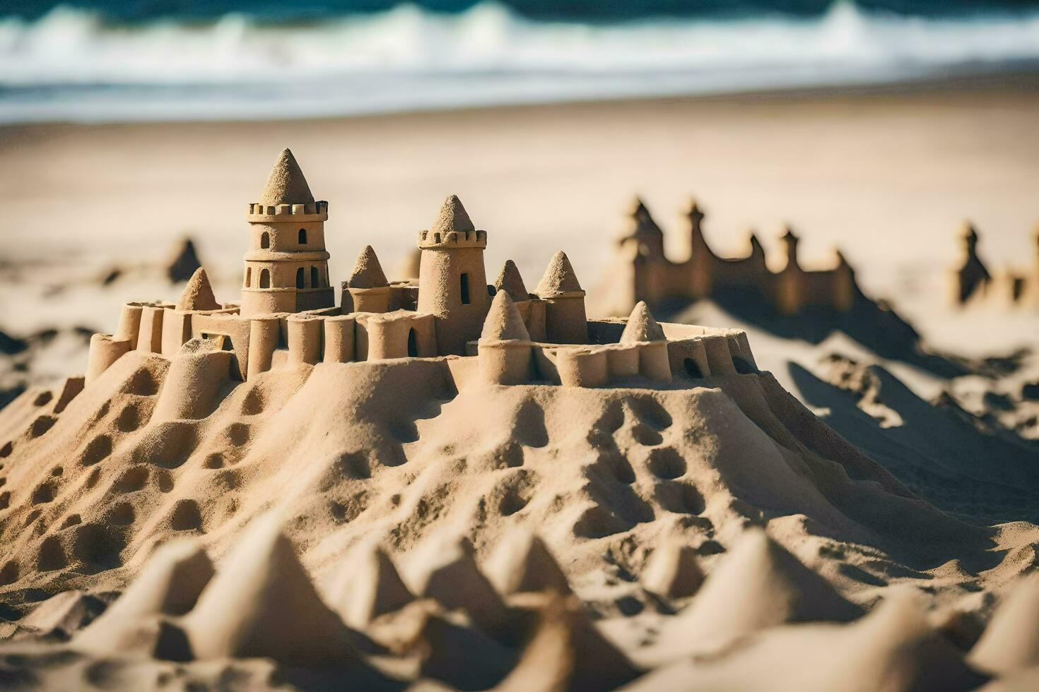 le sable châteaux sur le plage. généré par ai photo