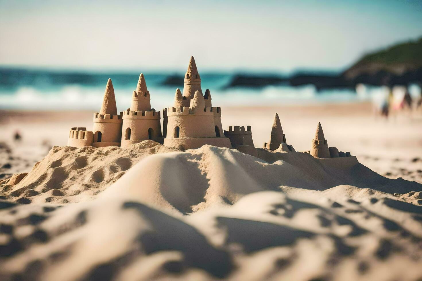 le sable Château sur le plage. généré par ai photo