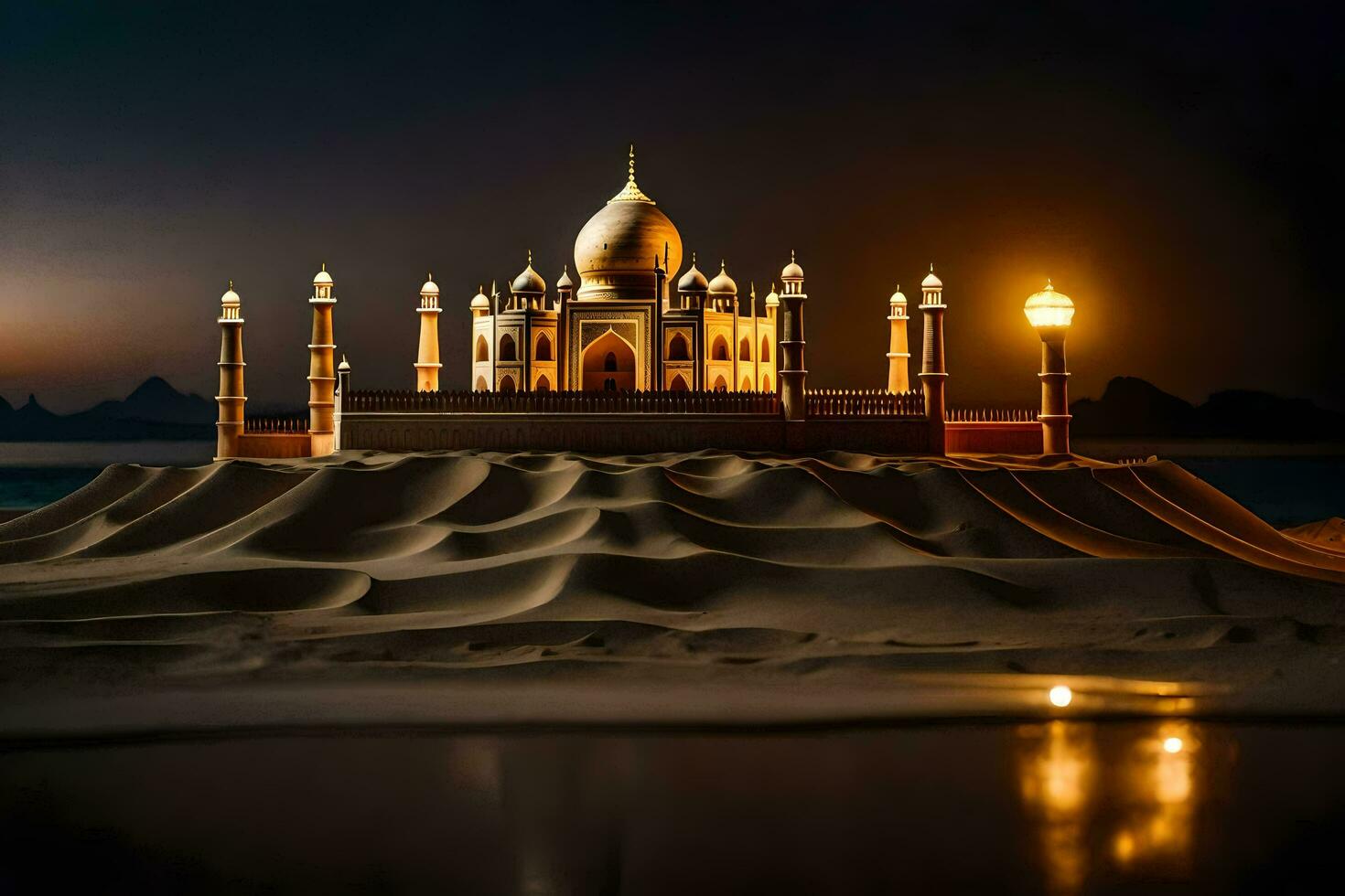 une taj mahal dans le désert à nuit. généré par ai photo