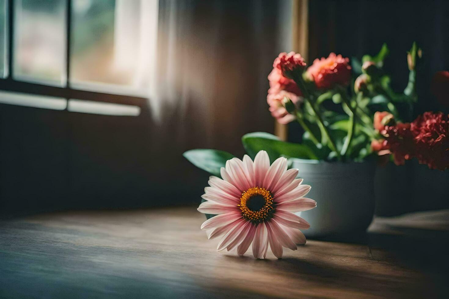 une rose fleur est assis dans une vase sur une table près une la fenêtre. généré par ai photo