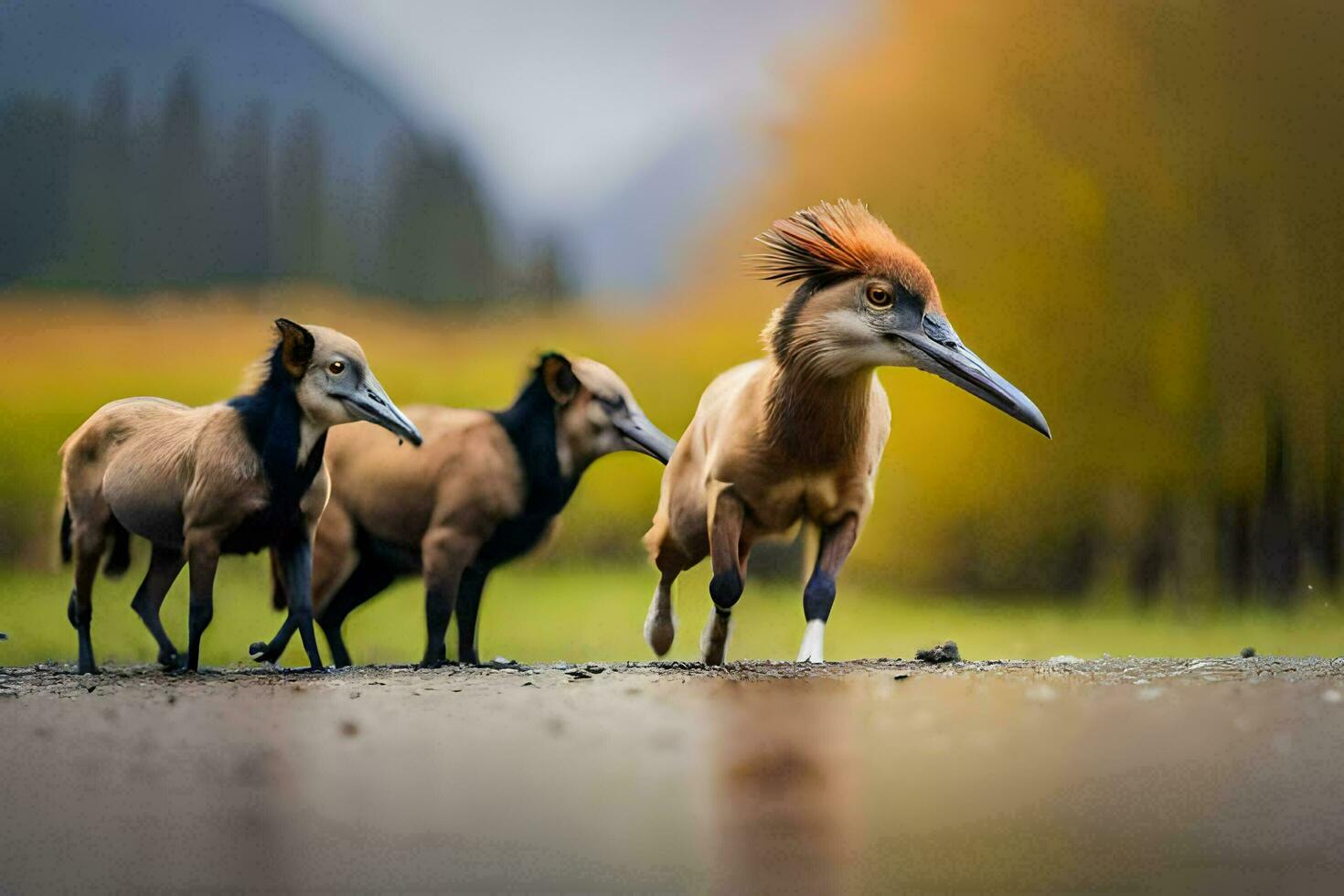 Trois animaux en marchant sur une route dans le milieu de une champ. généré par ai photo