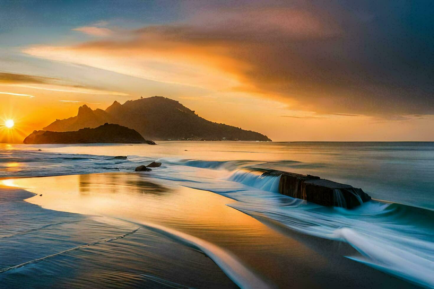 le coucher du soleil sur le plage, vagues s'écraser sur le rive, montagnes dans le Contexte. généré par ai photo