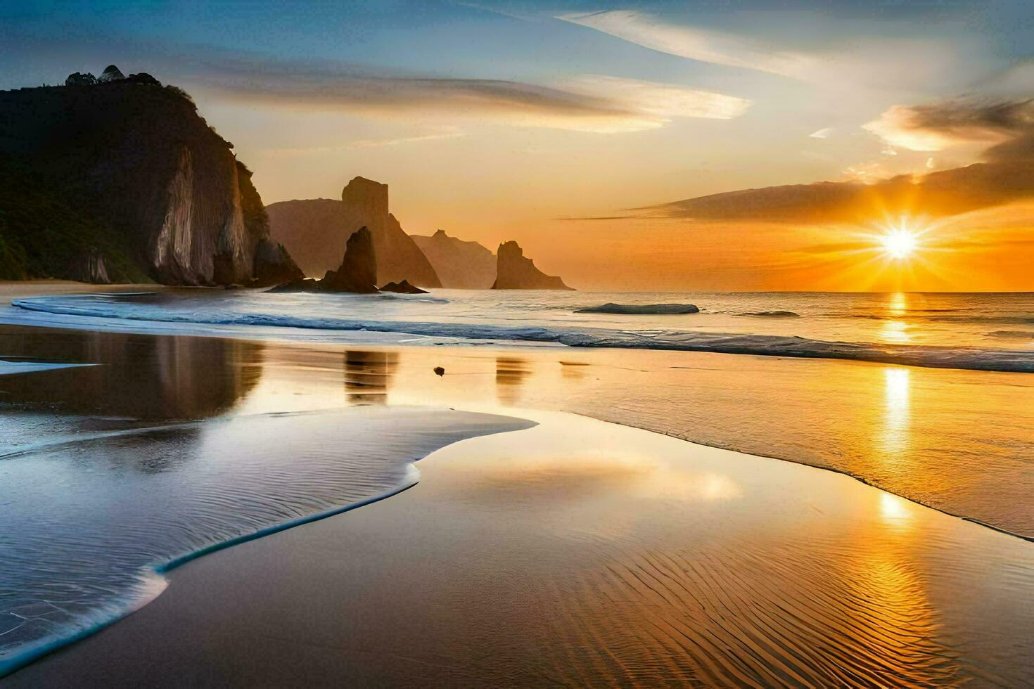 le Soleil ensembles plus de une plage avec vagues et rochers. généré par ai photo