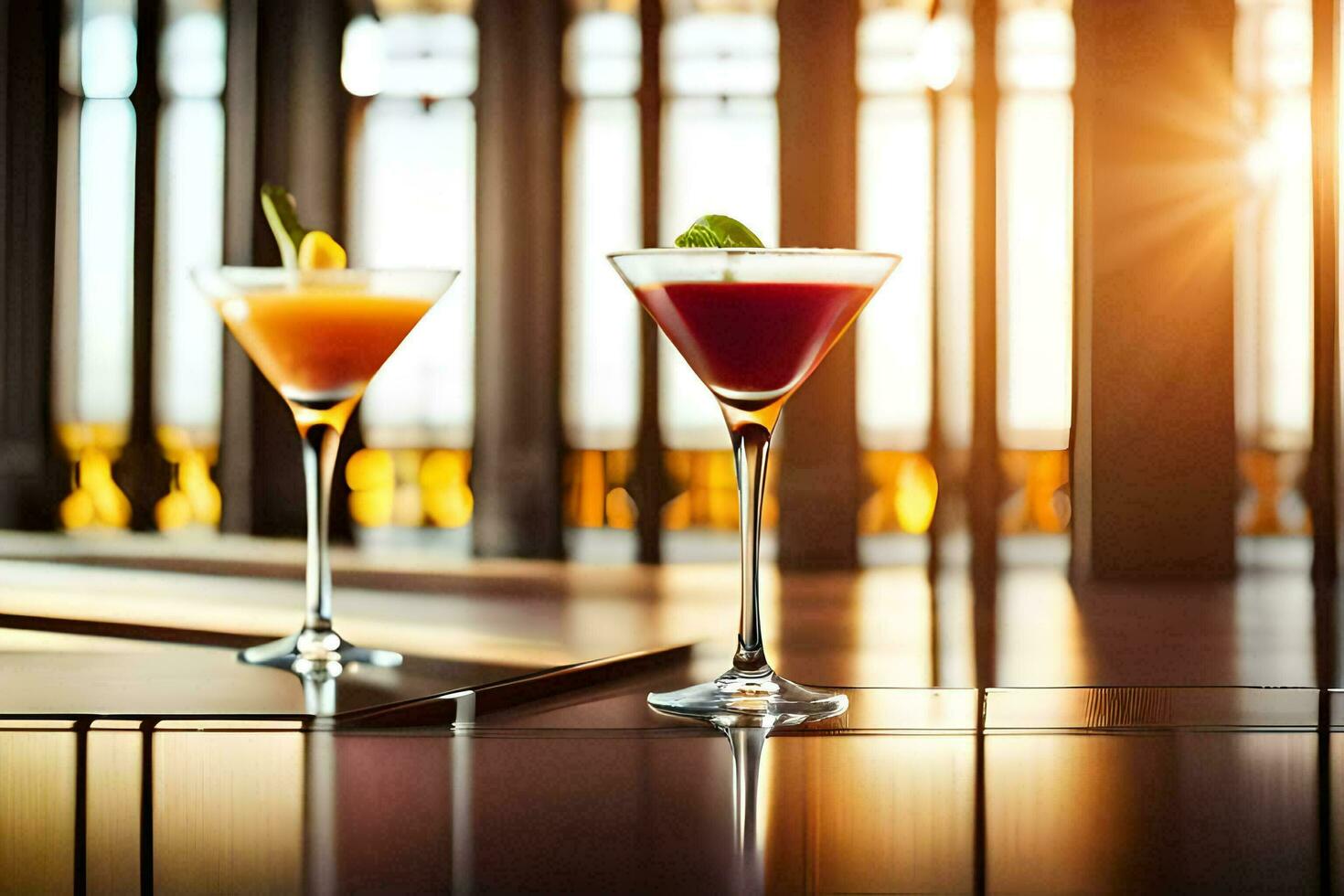 deux des cocktails asseoir sur une table dans de face de une la fenêtre. généré par ai photo