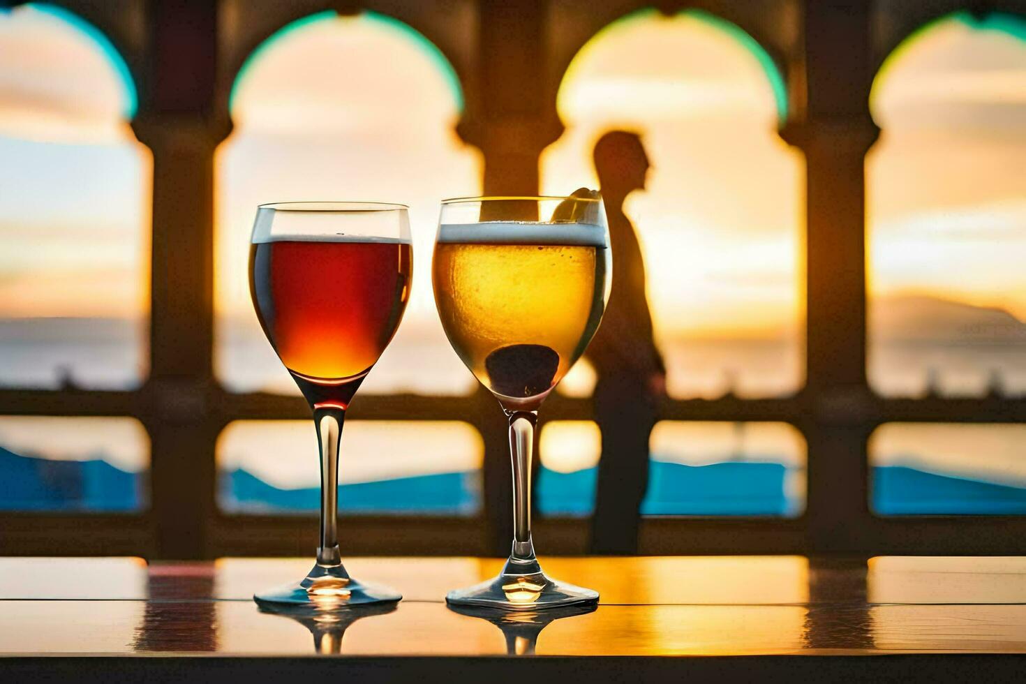 deux des lunettes de du vin sur une table avec une homme dans le Contexte. généré par ai photo