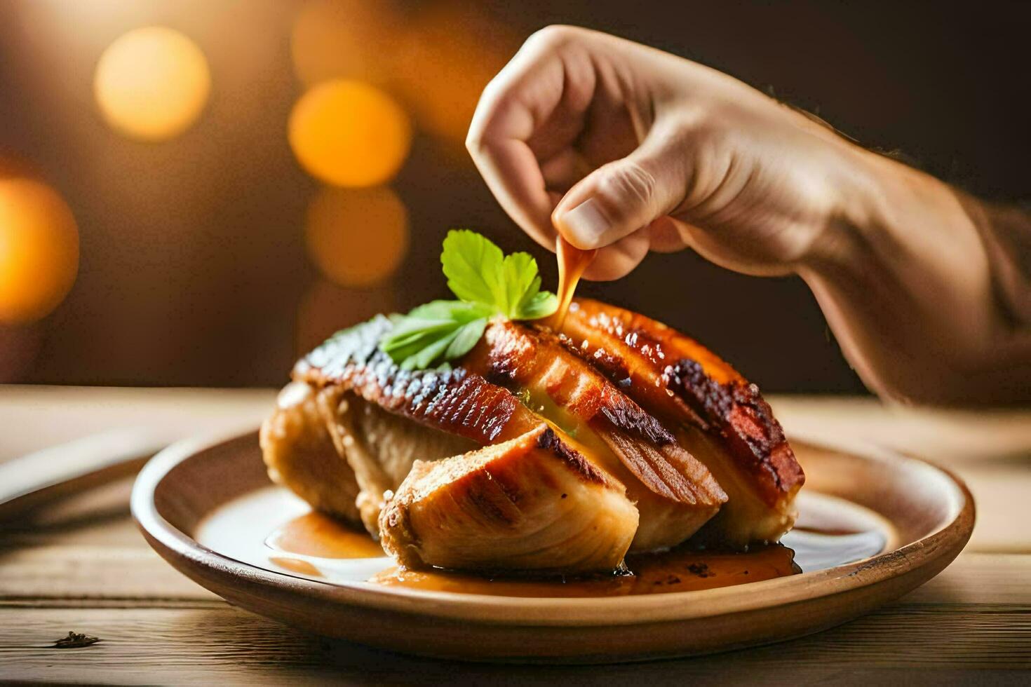 une la personne est en portant une pièce de Viande sur une plaque. généré par ai photo