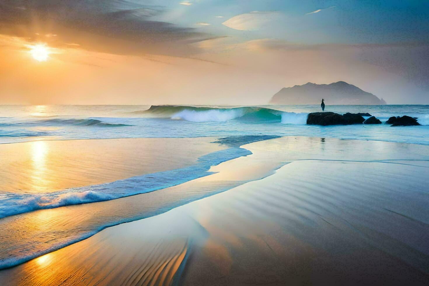 le Soleil monte plus de le océan et le vagues crash dans le rive. généré par ai photo