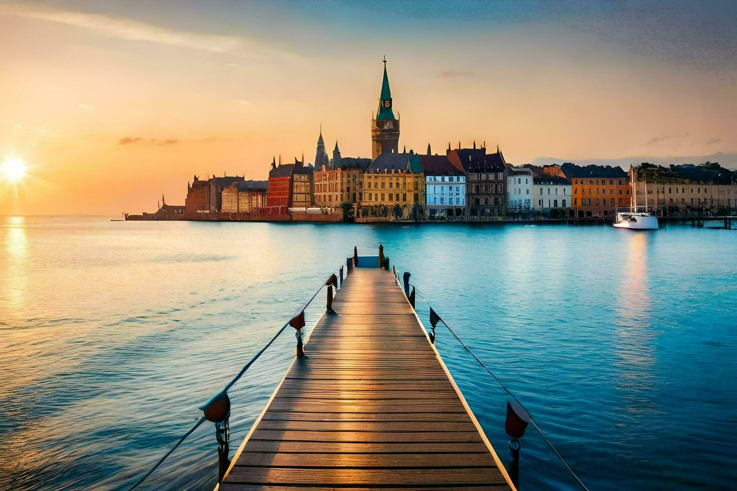 le Soleil monte plus de le ville de Copenhague. généré par ai photo