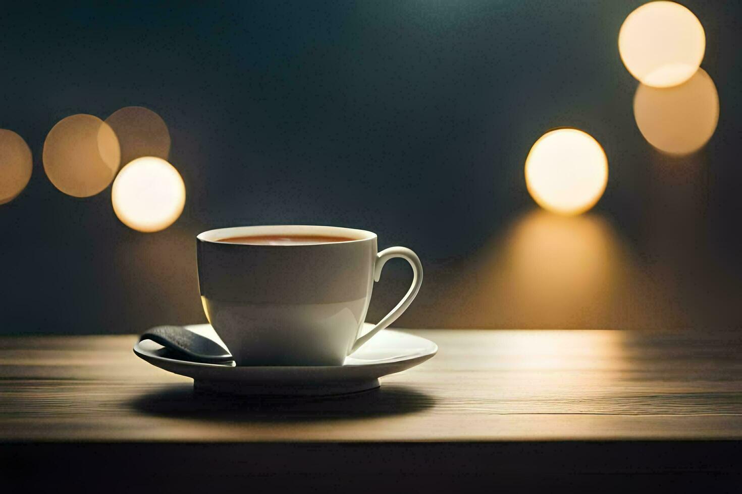 une tasse de café sur une table avec bokeh lumières. généré par ai photo