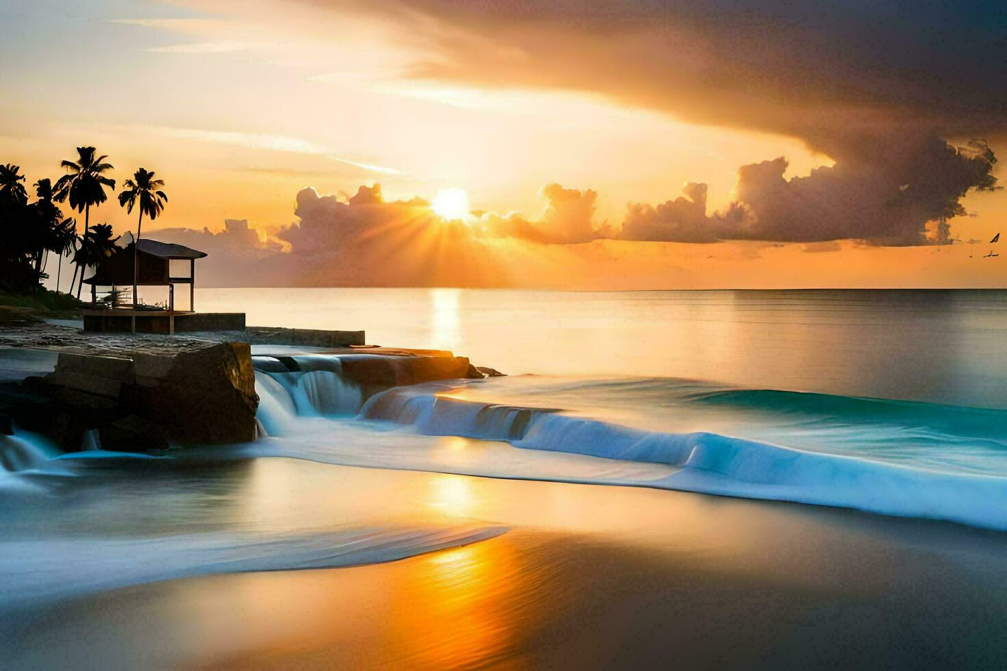 le Soleil ensembles plus de le océan et vagues s'écraser dans le rive. généré par ai photo