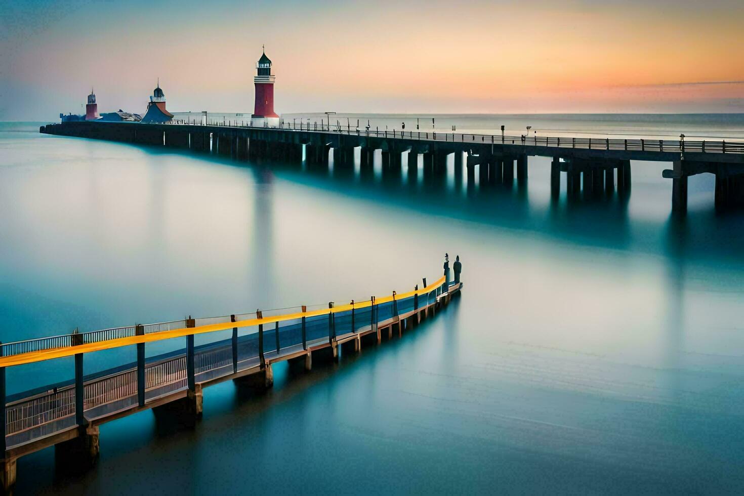 une jetée avec une phare à le coucher du soleil. généré par ai photo