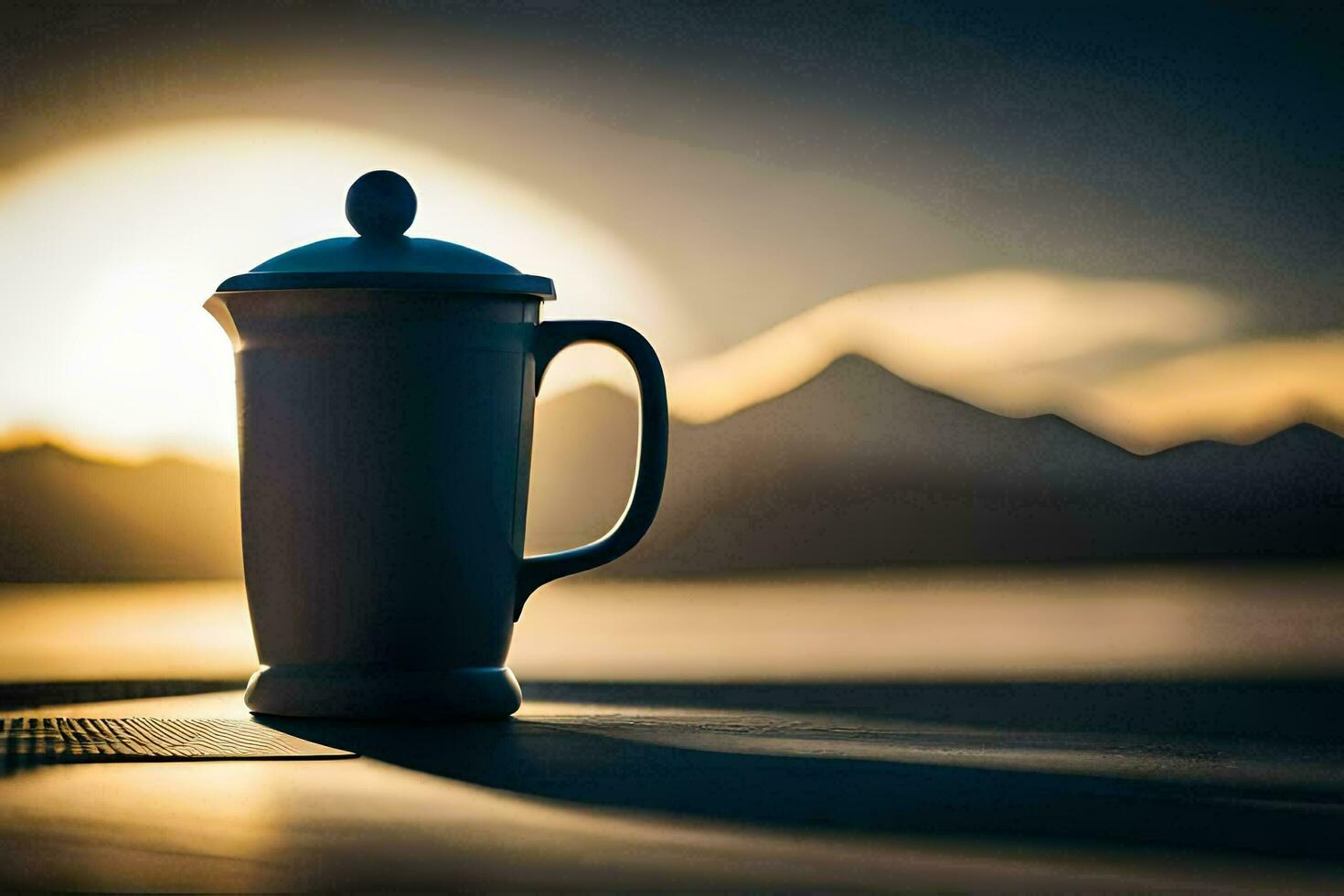 une café pot sur une table dans de face de une Montagne. généré par ai photo
