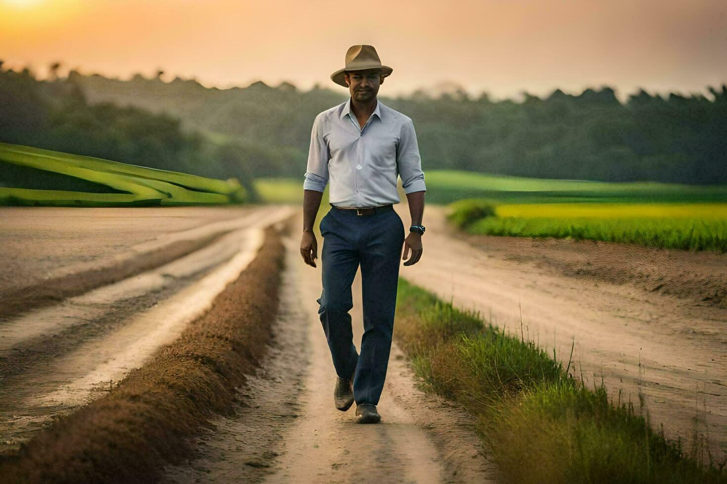 une homme dans une chapeau des promenades vers le bas une saleté route. généré par ai photo