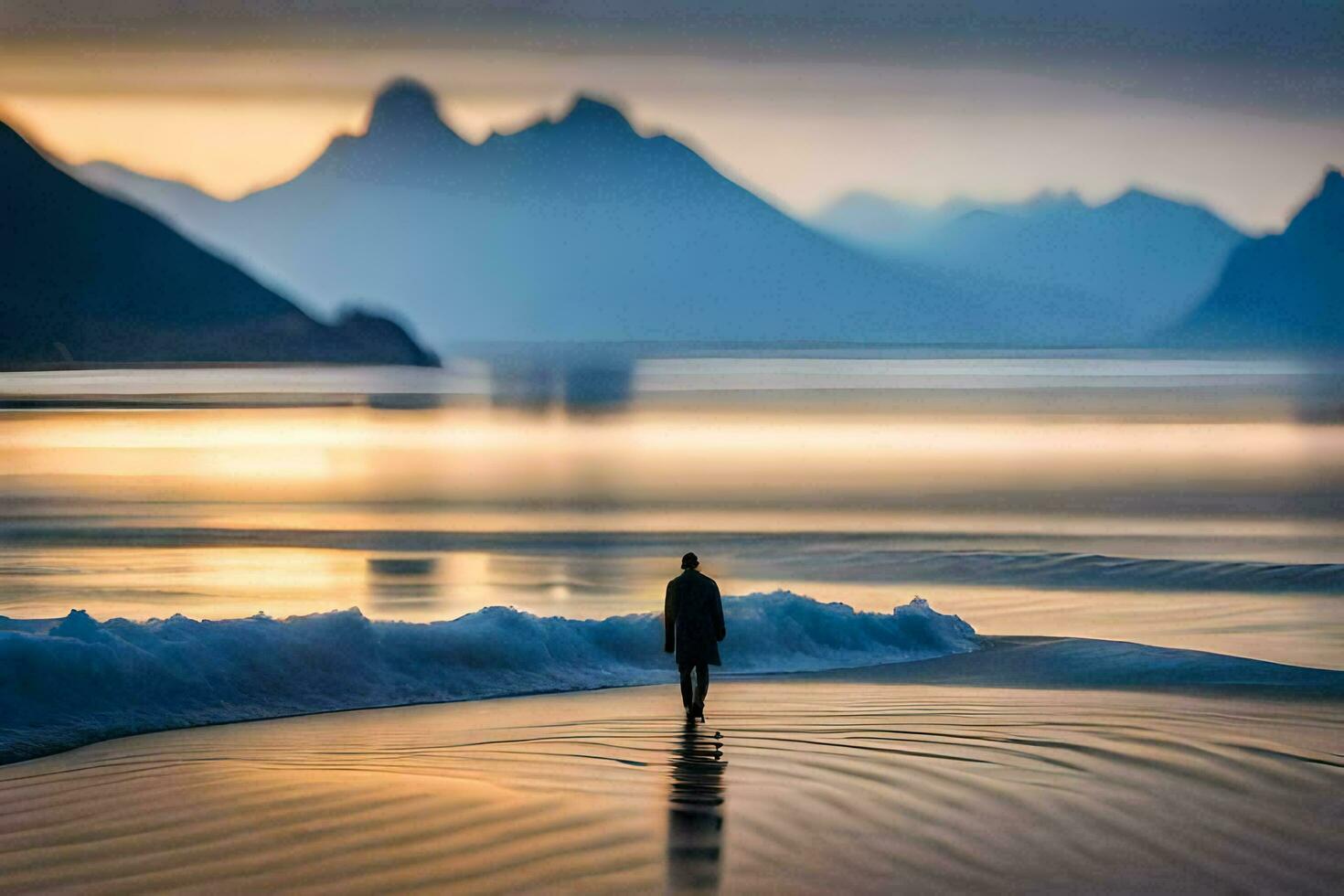 une homme en marchant le long de le plage à le coucher du soleil. généré par ai photo