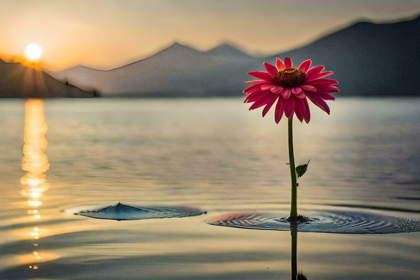 une Célibataire rose fleur est permanent dans le milieu de une lac. généré par ai photo